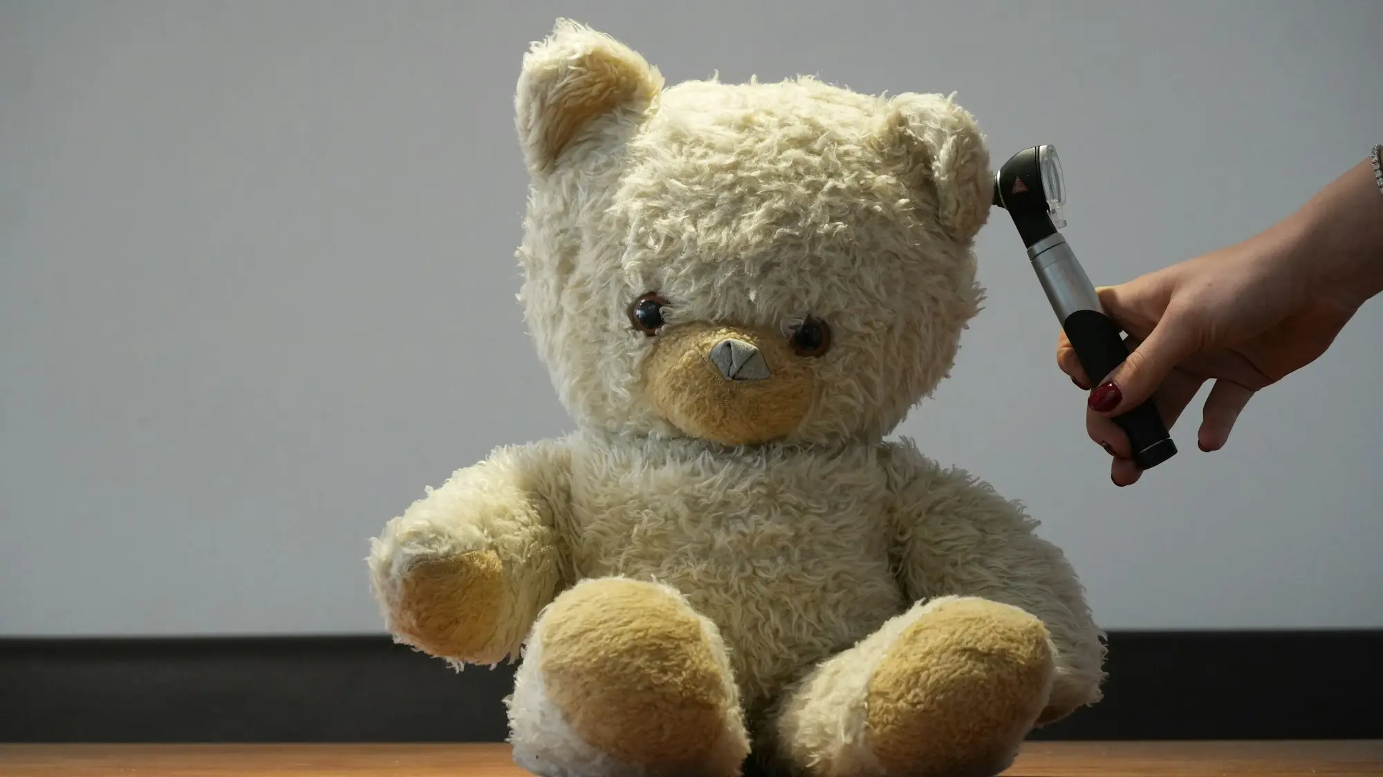 Eine Hand untersucht mit einem Otoskop das Ohr eines Teddybären.
